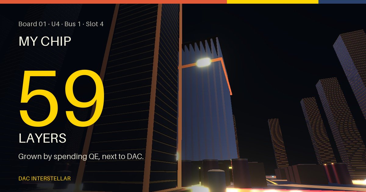 U4 · Bus 1 · Slot 4 on Board 01 has 59 layers, grown by spending QE next to DAC.
