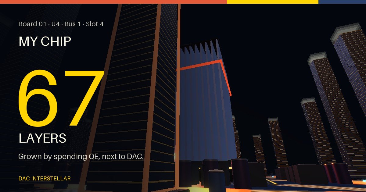 U4 · Bus 1 · Slot 4 on Board 01 has 67 layers, grown by spending QE next to DAC.